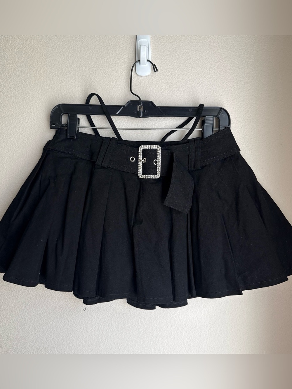 Hot & Delicious Black Pleated Mini Skirt with Rhinestone Buckle